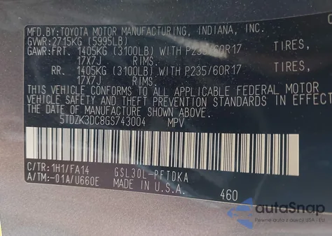 2016 Toyota Sienna L 7 Passenger z USA, uszkodzony, nr VIN 5TDZK3DC8GS743004